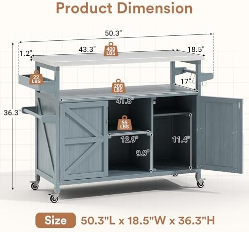 Zevemomo Outdoor Grill Cart with Storage, Lockable Casters, Gray-Blue - Image 2