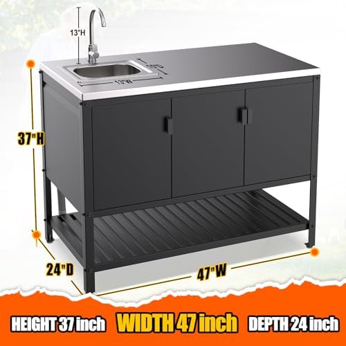 Stainless Steel Outdoor Sink with Cabinet, Large Capacity Stainless Steel Countertop, Outdoor Kitchen Sink Station, Utility Sink with Shelves for Patio, Garage, Laundry, 24"D x 47"W x 37"H - Image 2