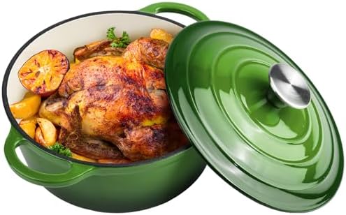 3 Quart Dutch Oven Enameled Cast Iron with Lid - Big Dual Handles - Oven Safe up to 500°F - Classic Round Pot for Versatile Cooking Green by Alathote