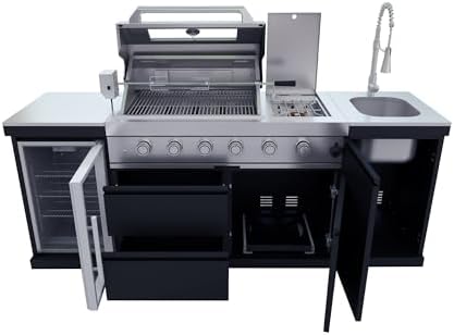 85-Inch 4-Burner Propane Gas Outdoor Kitchen Grill Island - 72000 BTU Stainless Steel BBQ, Refrigerator, Rotisserie, Stainless Countertops, Soft-Close Storage, For Patio, Lawn, Backyard, Black - Image 6