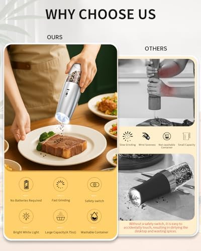 CIRCLE JOY Rechargeable Gravity Electric Salt and Pepper Grinder Set, Stainless Steels Salt and Pepper Mills with LED Light, No Battery Needed, Adjustable Coarseness, Washable 135ml Container, Silver - Image 2