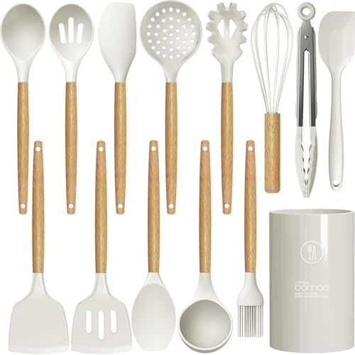 oannao Silicone Cooking Utensils Set - 446°F Heat Resistant Silicone Kitchen Utensils for Cooking,Kitchen Utensil Spatula Set w Wooden Handles and Holder for Non-Stick Cookware (Cream White) by oannao