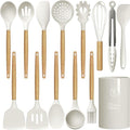 oannao Silicone Cooking Utensils Set - 446°F Heat Resistant Silicone Kitchen Utensils for Cooking,Kitchen Utensil Spatula Set w Wooden Handles and Holder for Non-Stick Cookware (Cream White) by oannao