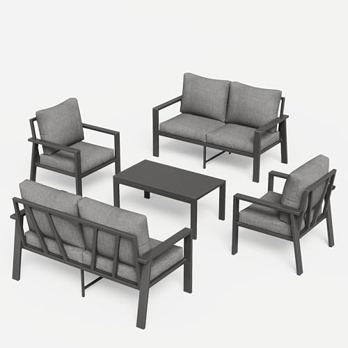 5 Pieces Aluminum Outdoor Patio Furniture Set 6-Seat Deck Furniture Patio Conversation Sets All-Weather Rust-Proof Sectional Sofa Set with Removable Cushion for Balcony, Yard, Poolside - Image 4