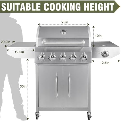 BESTFIRE 68,000 BTU 5+1 Burner Propane Grill - Stainless Steel BBQ with 647 sq in UPGRADED OIL-DRAIN Plates, Cast Iron Grates, Side Burner + FREE Food Clip for Outdoor Cooking - Image 4