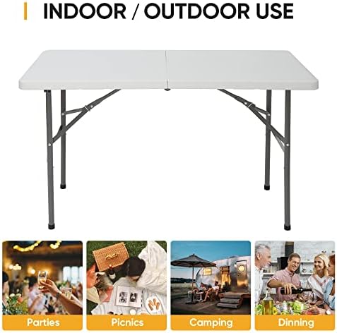 SUPER DEAL Portable 4 Foot Plastic Folding Table, Small Indoor Outdoor Heavy Duty Fold-in-Half Picnic Party Camping Barbecues Table with Carrying Handle, White - Image 4