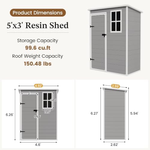 UDPATIO Outdoor Storage Shed 5x3 FT, Garden Resin Shed with Floor, Grey - Image 2