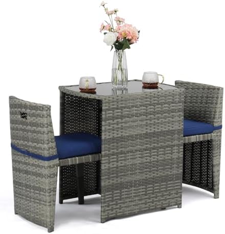 Bonnlo 3 PCS Wicker Outdoor Patio Bistro Set, Patio Furniture Set for Small Space with Glass Top Table Dining Chairs, Balcony Furniture Patio Table and Chairs Set of 2 for Garden Yard Porch (Grey) by Bonnlo