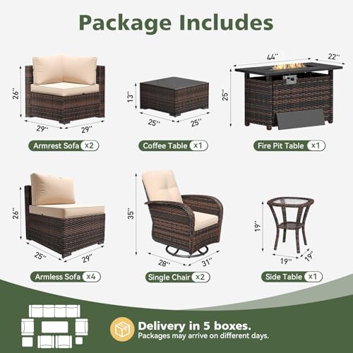 Aoxun 11 Piece Outdoor Patio Furniture Set with 44'' Fire Pit Table, Wicker Rattan Outdoor Furniture with High Back Swivel Rocker Chairs, Outdoor Sofa Set with Thick Cushion & Side Table, Beige - Image 2