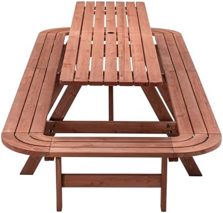 121'' Large Outdoor Dining Table, Rectangular Wooden Patio Dining Table & 2 Built-in Bench for 16, 2" Umbrella Hole, Suitable for Backyard Garden Porch, Brown - Image 7