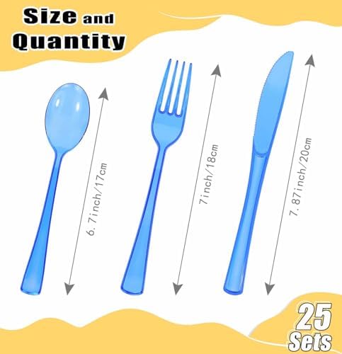 HEIPINIUYE 75 Pack Royal Blue Clear Plastic Cutlery Heavy Duty Clear Blue Plastic Knives Forks and Spoons Disposable Silverware Set for 25 Guest Camping Birthday Baby Shower Party Utensil Set - Image 3