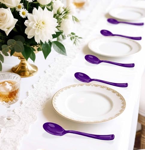 SietDESEO 25 PCS Purple Plastic Spoons Disposable Utensils Heavy Duty Purple Spoons Disposable Cutlery for Birthday Wedding Baby Shower Bridal Shower Plastic Silverware - Image 6