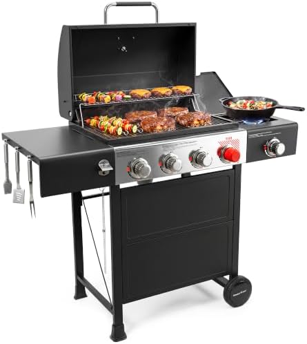MASTER COOK 4 Burner Propane Gas Grill with Side Burner, 56,500 BTU with Sear Burner, 549 Sq.in. Cooking Area, Porcelain Enameled Grates,Stainless Steel BBQ Grills for Outdoor Cooking Patio Garden by MasterCook