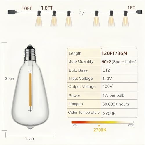 Outdoor String Lights,120FT 60+2 ST38 Shatterproof Vintage Edison LED Bulbs - Image 6