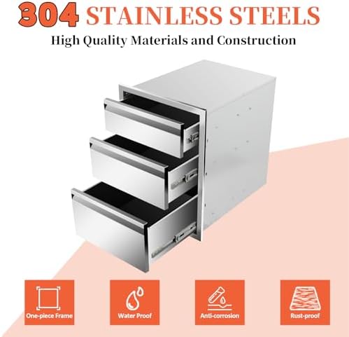 Outdoor Kitchen Drawers Stainless Steel Triple BBQ Drawers with Chrome Handle Flush Mount 18" W x 24" H x 23" D for Outdoor Kitchen Island Patio Grill Station - Image 3