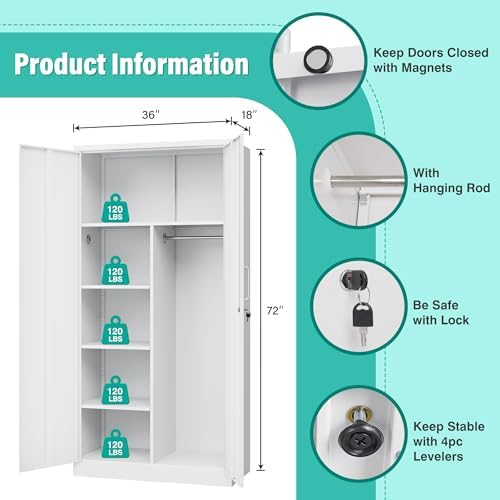 Wide & Deep Metal Storage Cabinet with Hanging Rod,White Broom Closet Storage Cabinet with Lock,72" Tall Wardrobe Cabinets with Doors and Shelves,Locking Steel Tool Cabinets for Home,Office,Garage - Image 3