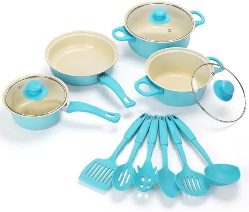 Non-Stick Cookware Set, Portable Lightweight Cast Iron Pots and Pans with Glass Lids and Nylon Utensils - 13 Piece Set, Outdoor Camping Picnic Travel（Blue） by Pleasthome