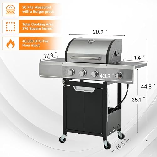 Endark 3-Burner Propane BBQ Grill, 40500 BTU with Side Burner, Stainless Steel, Cast Iron Grate, Thermometer, Rolling Wheels - Image 6