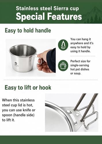 CAMPINGMOON 600ml 20oz Stainless Steel Stackable Camping Mug Lightweight Outdoor Cooking Cup Measuring Scale for Backpacking Hiking Campfire Use Soup Noodles Rice (Silver (cup+lid)) - Image 6