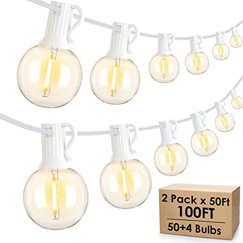Mlambert 100Ft(2x50Ft) Outdoor String Lights, G40 Globe Patio Lights with 50+4 Waterproof Hanging LED Bulbs for Party Cafe Camping Outside-White Wire by Mlambert