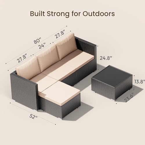 Patio Furniture Set - All-Weather -5 Piece Outdoor Patio Conversation Couch Sets, Modular Wicker Rattan Sectional Sofa for Garden, Patio, Poolside, Backyard, Balcony, Porch,Khaki - Image 4