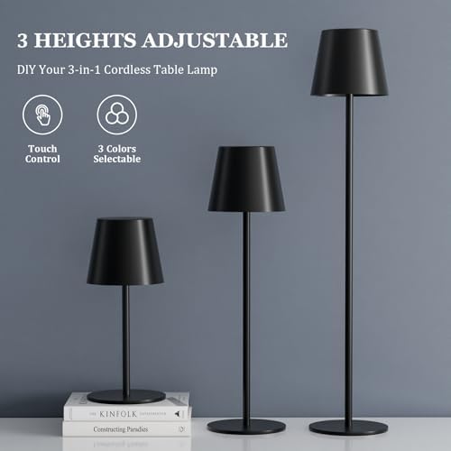 Kakanuo 20" Black Cordless Table Lamp Rechargeable - 2 Pack 5000mAH Battery Operated Lamp for Counter, 3 Color Stepless Dimming Wireless Lamp for Dining Table, Touch Control - Image 3