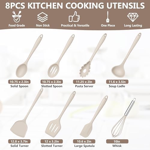 TeamFar Silicone Cooking Utensils Set, 8 PCS Kitchen Utensils Set, Khaki - Image 2