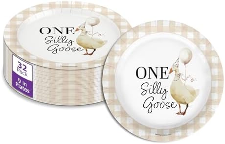 One Silly Goose First Birthday - 32 Piece Disposable Party Supplies - Decorations for Gingham 1st Birthday Round Party Plates - Large 9" Paper Plates In Bulk by BirthdayGalore