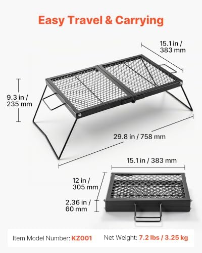 VEVOR Heavy Duty Folding Campfire Grill, 24" Portable Camping Grill Grate, Sturdy Steel Mesh, Compact Equipment Over Fire Pit, with Legs and Handle, Grilling Rack for Outdoor Open Flame Cooking, Black - Image 2