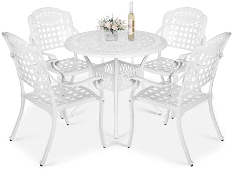 VIVIJASON 5-Piece Outdoor Patio Furniture Dining Set, All-Weather Cast Aluminum Conversation Set, Include 4 Chairs and 38.5" Round Table w/Umbrella Hole for Balcony, Lawn, Garden, Backyard, White by VIVIJASON