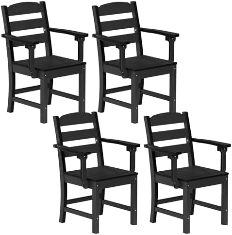 Patio Dining Chairs Set of 4, 350lbs Heavy Duty HDPE Outdoor Chair with Extra-Wide Seat & High-Back, All-Weather Garden Armchair with Integrated Armrests, Wood-Look Seating for Backyard, Deck (Black) by HOPUBUY