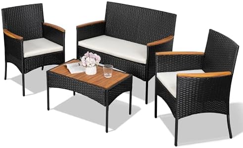 Shintenchi 4-Piece Patio Furniture Set, Outdoor Wicker Patio Conversation Furniture Set with Cushions and Wooden Tabletop for Paito Lawn Backyard Pool Garden, Black Rattan by Shintenchi%7CFurnitureMadeforRealLife
