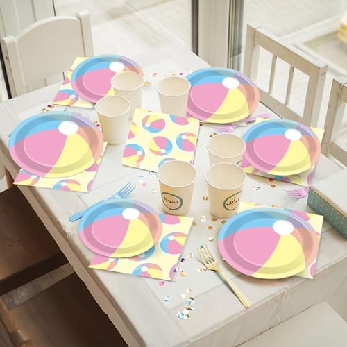 96PCS Summer Macaron Beach Ball Party Paper Plates and Napkins and Forks Set for Macaron Beach Ball Party Paper Plates Disposable Decor Summer Parties Set for Kids Birthday Gatherings Decorations - Image 5