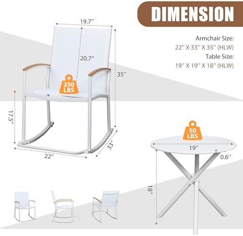 Shintenchi 3 Piece Outdoor Rocking Bistro Set, Textilene Fabric Small Patio Furniture Set, Front Porch Rocker Chairs Conversation Set with Table for Lawn, Garden, Balcony, Poolside (White) - Image 3