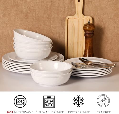 TP 12-Piece Melamine Dinnerware Sets, Plates and Bowls Dishes Set for 4, Break-Resistant & Non-Microwavable, Lightweight Dinner Plates, White - Image 2