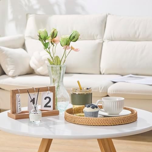 Round Rattan Tray with Mother of Pearl Inlay, Rattan Serving Tray with Wooden Base, Decorative Wicker Basket for Table Decor, Storage and Display of Coffee Bread Food Fruit (Checkerboard 13.5") - Image 4