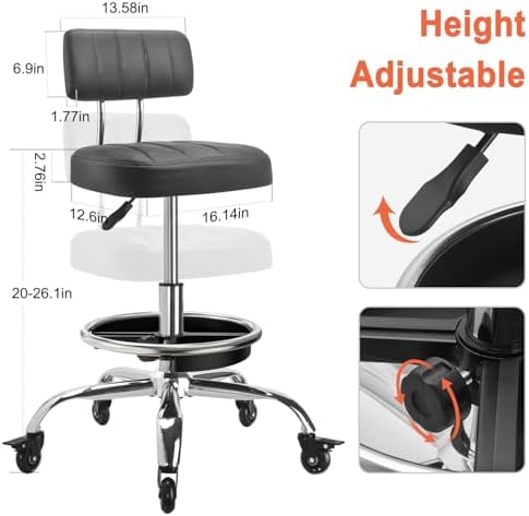 Garage Mechanic Stool with Backrest, Height Adjustable Heavy Duty Swivel Task Chair, Rolling Workshop Stool with Tool Tray Storage, Mechanic Chair for Garage, Shop, Auto Repair (Black) - Image 2