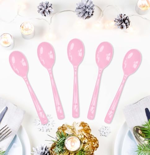 SietDESEO 50 PCS Light Pink Plastic Spoons Disposable Utensils Heavy Duty Baby Pink Spoons Disposable Cutlery for Birthday Wedding Baby Shower Bridal Shower Plastic Silverware - Image 2