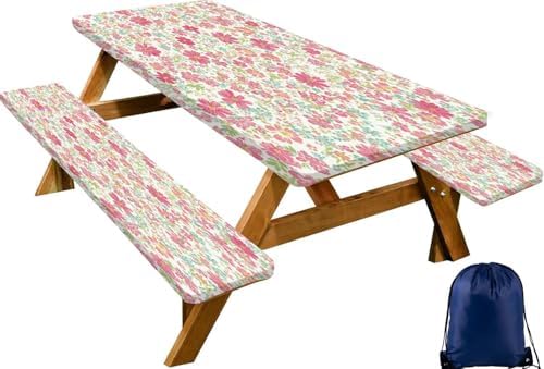 CAPSCEOLL Fitted Picnic Table Cover with Bench Covers 5ft - Pink Flowers by CAPSCEOLL