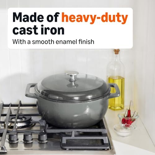 Amazon Basics Enameled Cast Iron Dutch Oven Pot With Lid, 6-Quart, Round, Dual Handles, Heavy-Duty, Oven Safe for Stews, Roasting & Baking, Gray - Image 5