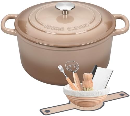 EDGING CASTING Enameled Cast Iron Dutch Oven with Sourdough Bread Baking Kit, Bread Dutch Oven with Lid, Includes Proofing Basket & Baking Tools, 5qt, Mocha by EDGINGCOOKWARE