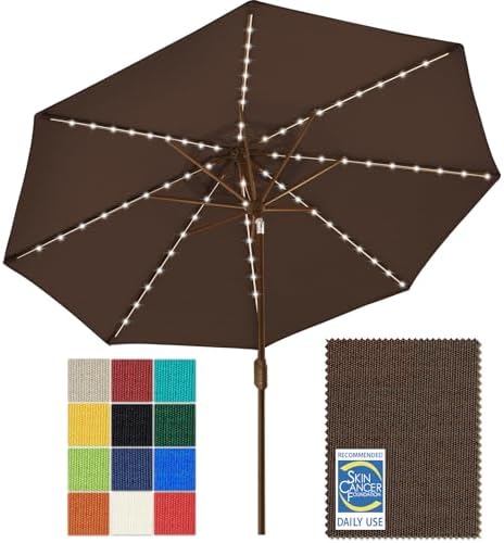 EliteShade USA 10-Year-Non-Fading 9ft Market Patio Umbrella, Commercial Grade Table Sun Umbrella with 80 Solar LED Lights, Crank Open, Windproof & UPF 50+ UV Protection for Garden, Deck, Pool, Backyard, Chestnut by EliteShade