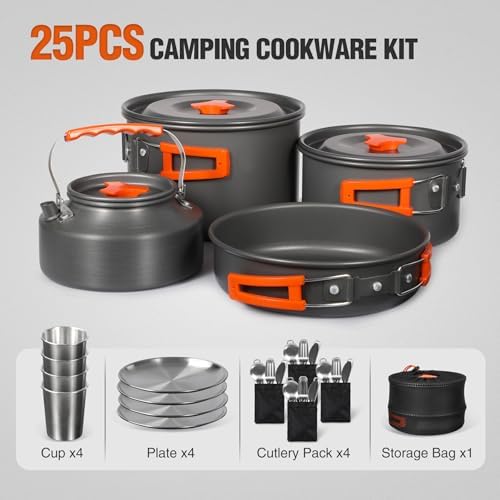 REDCAMP 6/10/11/12/14/15/19 PCS Camping Cookware Mess Kit Camping Gear Campfire Utensils Lightweight Stackable Pot Pan Bowls Soup Spoon with Storage Bag for Camping, Backpacking, Outdoor Cooking - Image 2
