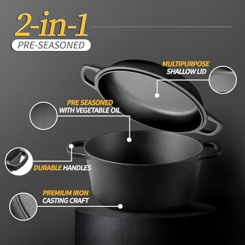 EDGING CASTING 2-in-1 Pre-Seasoned Cast Iron Dutch Oven Pot with Skillet Lid Cooking Pan, Cast Iron Skillet Cookware Pan Set with Dual Handles, Indoor Outdoor for Bread/Frying/Baking/Camping/BBQ, 5 Qt - Image 2
