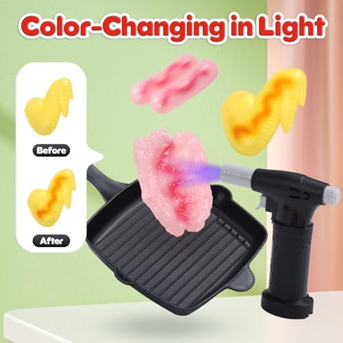 CUTE STONE Kids BBQ Grill Toys, Color Changing Play Food, Sizzling Sound & Light Effects, Cool Mist Spray, Pretend Cooking with Frying & Grilling, 2-Tier BBQ on Wheels - Kitchen Toy, Birthday Gift - Image 4