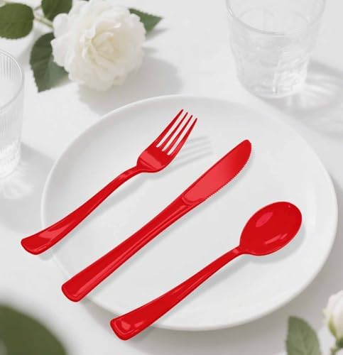 HEIPINIUYE 75 Pack Red Plastic Cutlery Heavy Duty Red Plastic Knives Forks and Spoons Disposable Silverware Set for 25 Guest Camping Birthday Baby Shower Party Cutlery Set - Image 7