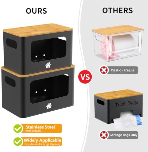 ALOCEO Metal Trash Bag Holder with Bamboo Lid - 13/30/33 Gallon Garbage Bag Dispenser - Under Sink Organizer - Laundry Room Organization - Stackable Bins for Pantry and Kitchen Storage - 2 Pack Black - Image 3
