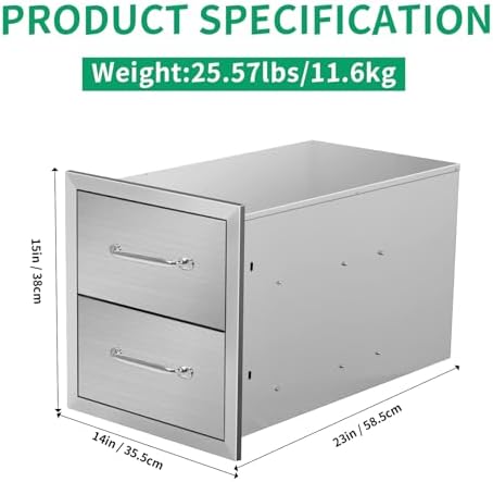 Outdoor Kitchen Drawers 14" W x 15" H x 23" D Stainless Steel Double Drawers with Ergonomic Handle for BBQ Island, Patio Grill Station & Outdoor Kitchen Cabinets - Image 2