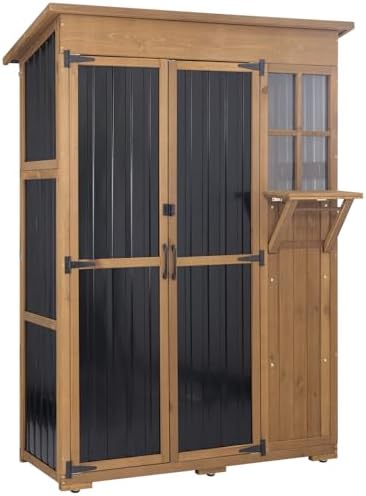 Ketive Outdoor Storage Cabinet, Large Wood & Metal Garden Shed with Foldable Table, Weather-Resistant Asphalt Roof, Lockable Doors & Adjustable Feet for Patio, Backyard, or Garage (47"L x 20"W x 70"H) by Ketive