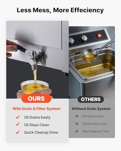 VEVOR Commercial Deep Fryer, Stainless Steel Countertop Fryer with Baskets & Lids, Temp Control, Overheat Protection, for Commercial Restaurant, Single Fryer with Oil Filtration-9.5Qt - Image 5